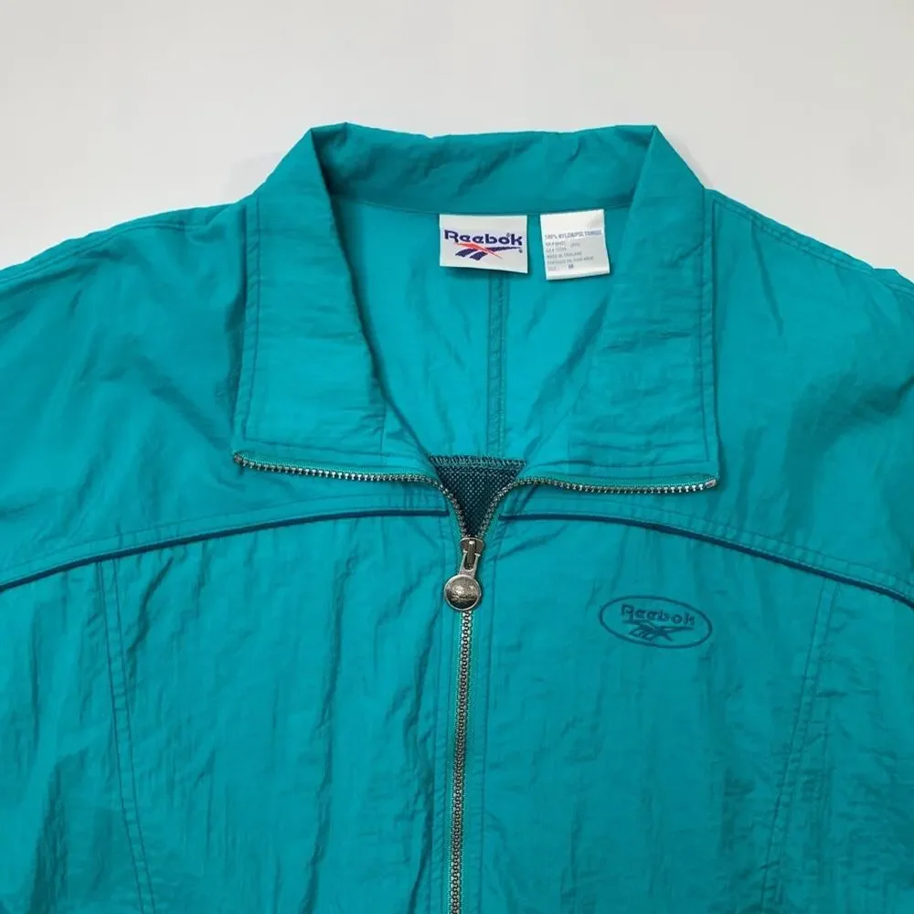 Vintage Reebok Jacket Mens M‎ Medium Teal Nylon Full Zip Windbreaker Vented 90s